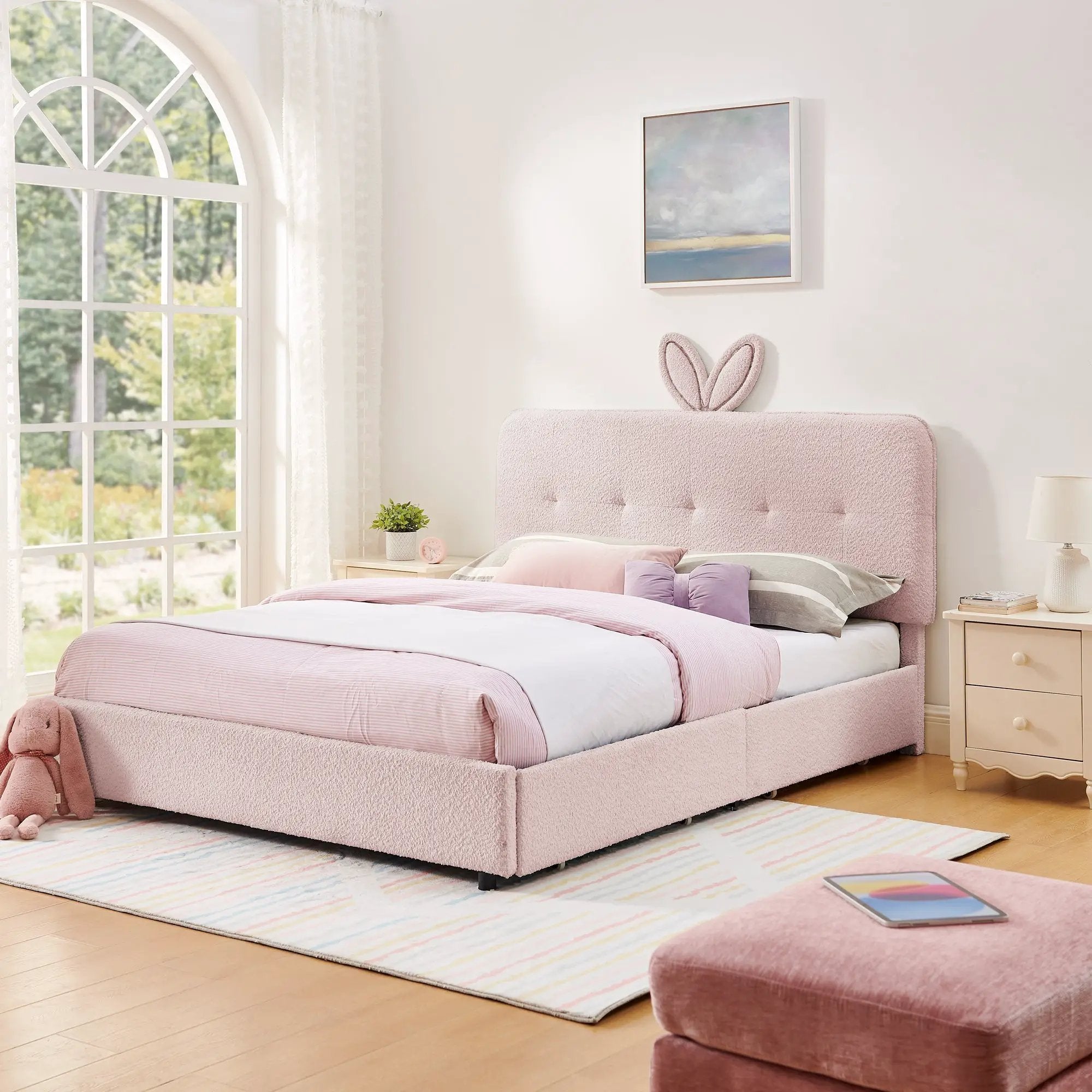 Queen Size Kids Upholstered Bed with Rabbit Ear Headboard & Storage by HouseOfZazla