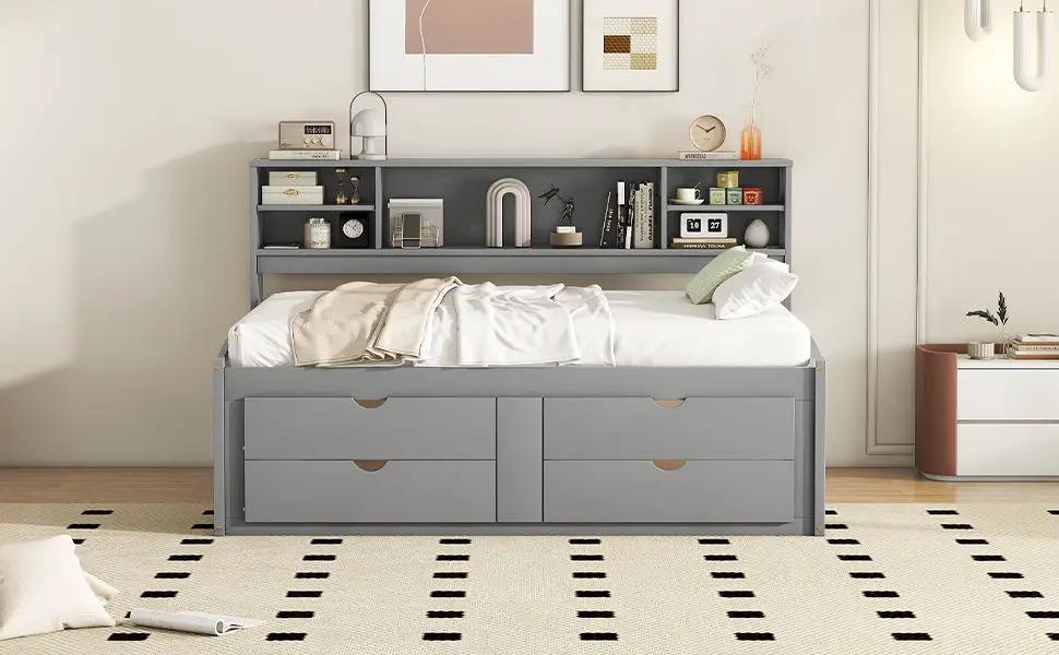 Daybed With 2 Bedside Cabinets, Upper Shelves And 4 Drawers by HouseOfZazla