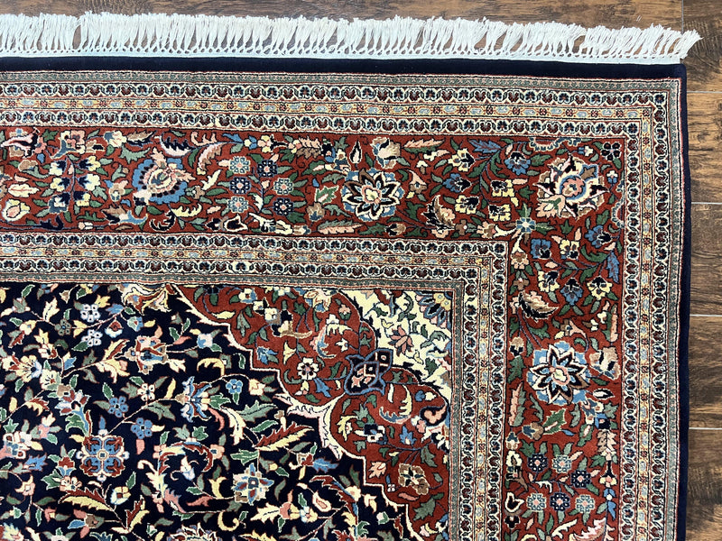Indo Persian Rug 8x10, Floral Medallion, Vintage Handmade Wool Carpet, Navy Blue and Red, Fine 300 KPSI by Jewel Rugs