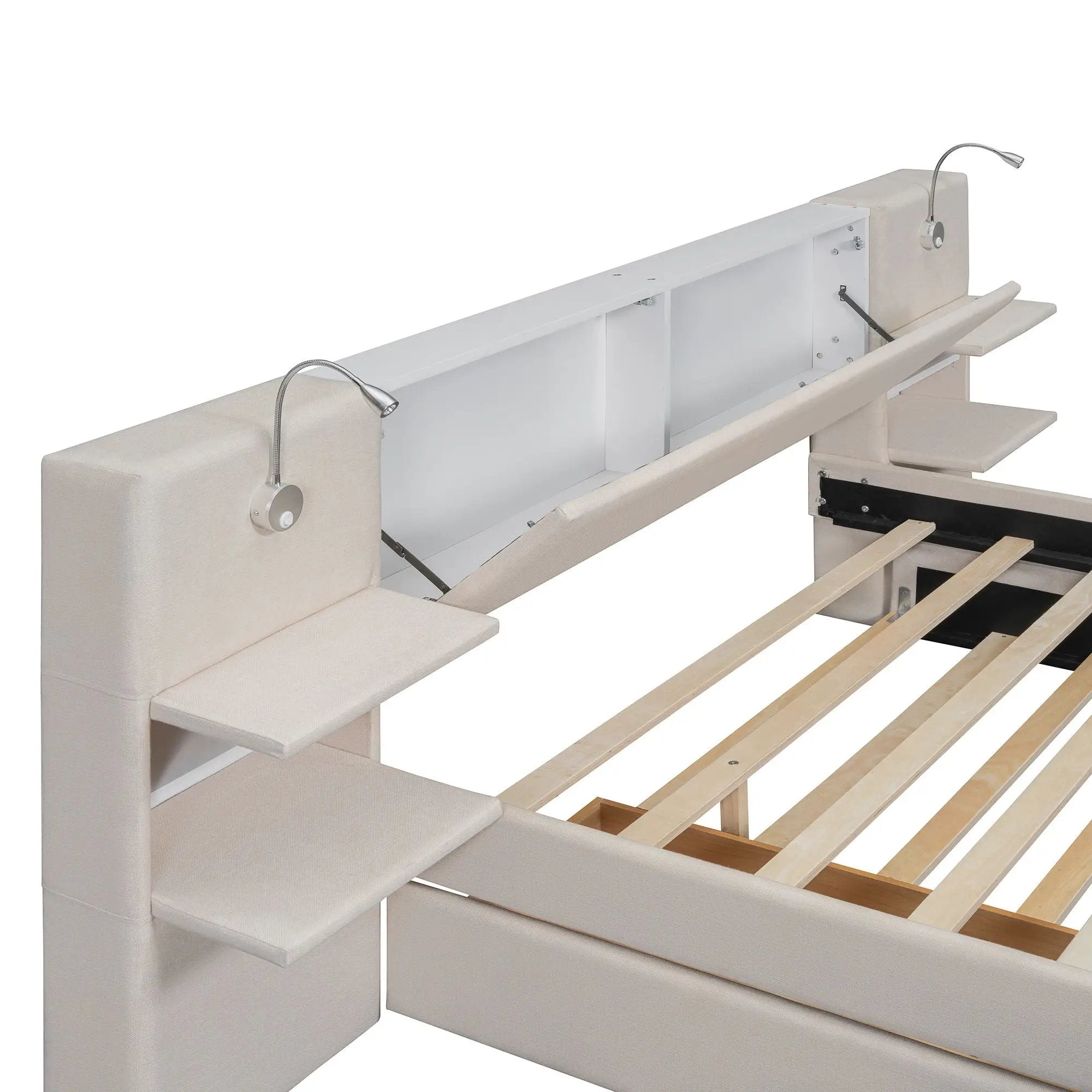 Upholstered Platform Bed With Reading Lights, Drawers, Trundle And Shelves by HouseOfZazla