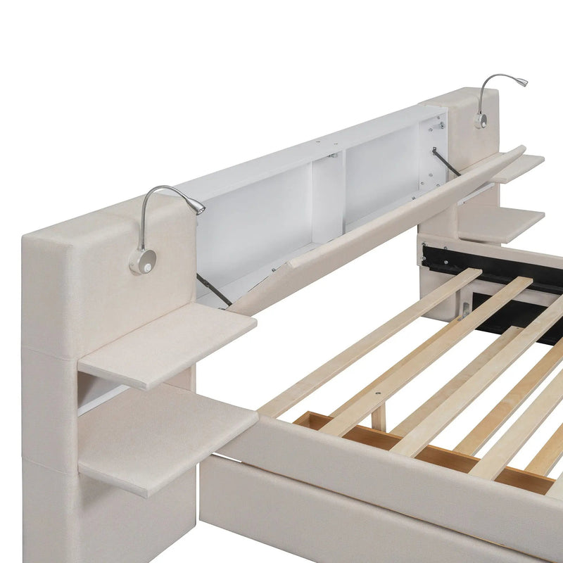 Upholstered Platform Bed With Reading Lights, Drawers, Trundle And Shelves by HouseOfZazla