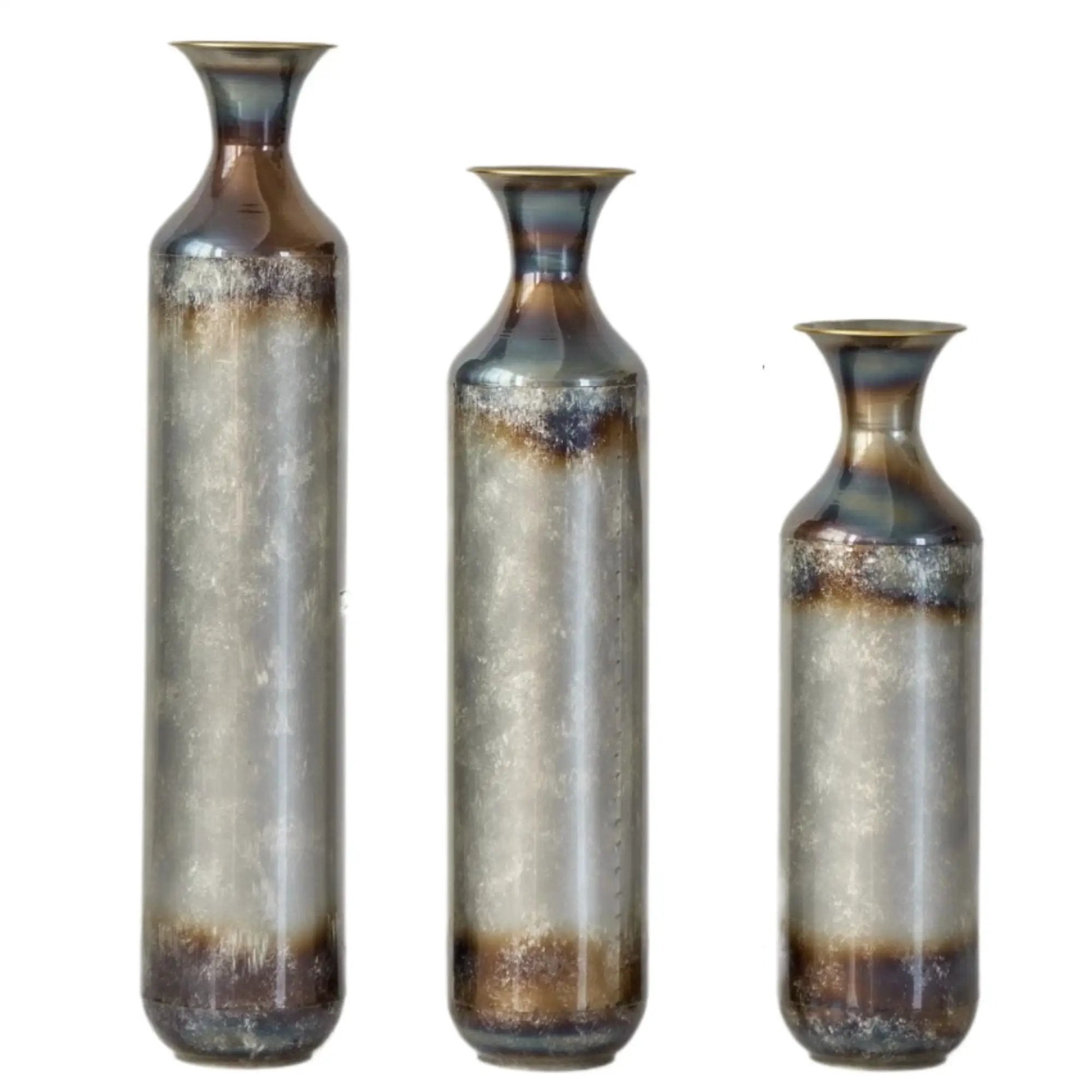 Modern Droplet Shaped Floor Vase Set, Glazed Metal Decorative Vases 3 Piece Home Accent For Living Room - Gold / White by HouseOfZazla