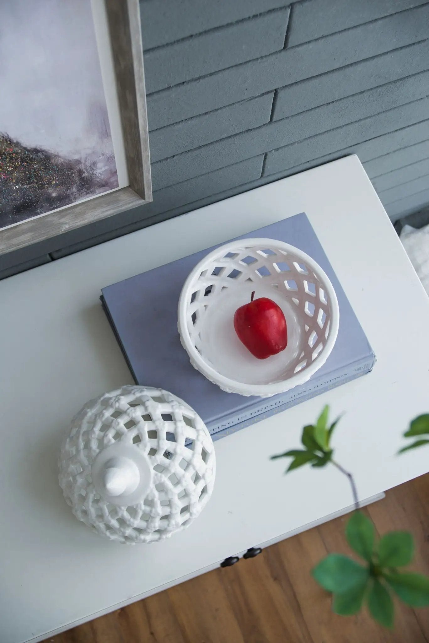 Ceramic Lidded Jar With Lattice Design - White by HouseOfZazla