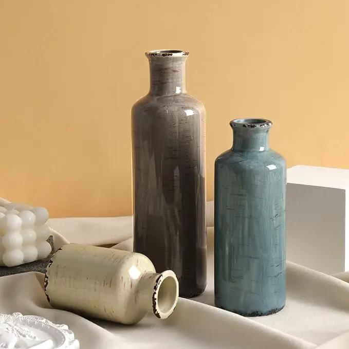 CUCUMI Ceramic Flower Vases Set of 3, Rustic Coastal Home Decor for Farmhouse Shelves, Ocean Beach Style, Mantle, Fireplace, Coffee Table, Shelf for Living Room by GreenHaven Gardens