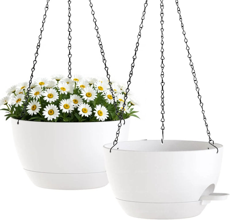 10 Inch Hanging Planters with Chains 2 Pack Self Watering White Plastic Hanging Pots for Indoor Outdoor Plants, Garden Porch Home Decor (White) by GreenHaven Gardens