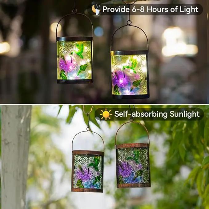 Starsoul 2 Pack Hanging Solar Lantern Outdoor Waterproof Glass Hummingbird Decorative Solar Lights for Outside Garden Yard Table Patio Decor by GreenHaven Gardens