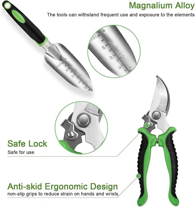 Garden Tool Set with Non Slip Rubber Grip,8 Piece Stainless Steel Gardening Tool Sets,Heavy Duty Outdoor Hand Tools Durable Storage Tote Bag,Uprooting Weeding Tool, Gifts for Women Men Green by GreenHaven Gardens