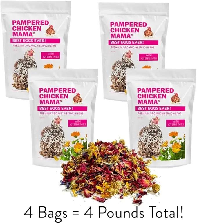 Pampered Chicken Mama Best Eggs Ever! Nesting Herbs for Chickens (4 Pounds) for Chicken Nesting Boxes Calcium Supplement for Chickens | Chicken Feed Supplies, Hen Treats for Coops (4 Bags) by GreenHaven Gardens