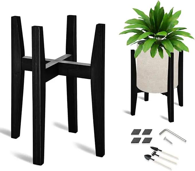 OERGKE Adjustable Plant Stand Indoor, Bamboo Mid Century Modern Plants Stands, Corner Flower Holder for Living Room, Fits 8 to 12 Inches Pots, (Pot & Plant Not Included)(Black, 1 Pack) by GreenHaven Gardens