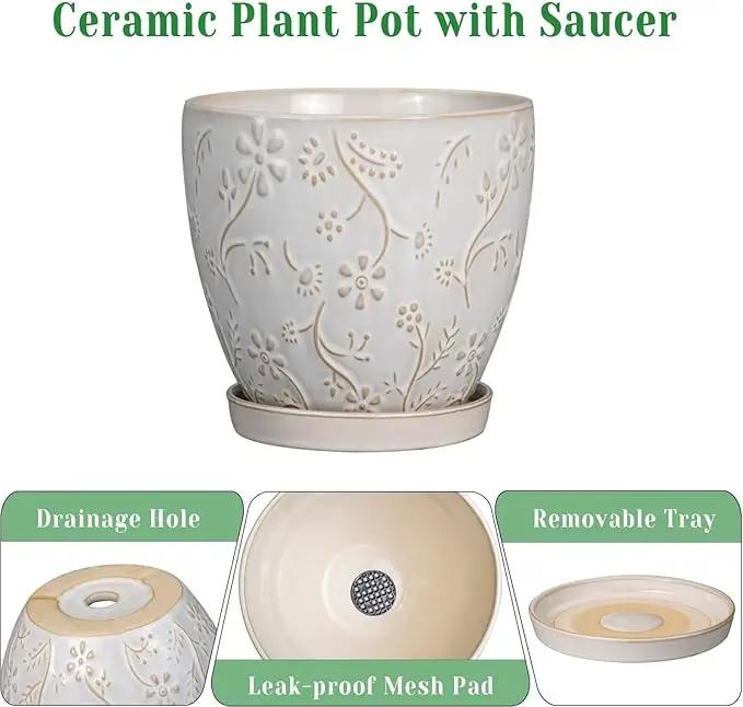 8 Inch Ceramic Pots for Plants Large Planter Pot with Drainage Hole and Saucer Round Flower Pot for Indoor Outdoor Decor, White by GreenHaven Gardens