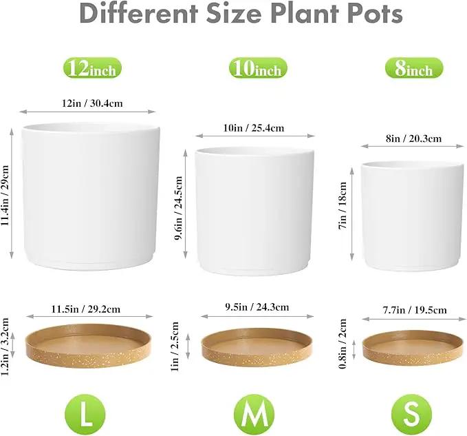 12/10/8 inch Large Flower Pots, 3 Pack Cylinder Deep Plant Pots for Outdoor Indoor Plants, Tall Plastic Planters with Drainage Holes and Saucers for Garden House Plants, White with Brown by GreenHaven Gardens
