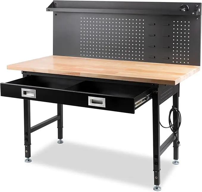 60" Workbench with Drawers, Work Benches for Garage with Strip Light, Adjustable Work Table with Large Pegboard, 2000 LBS Heavy Duty Table with Power Outlet Rubber Wood for Garage, Office by GreenHaven Gardens