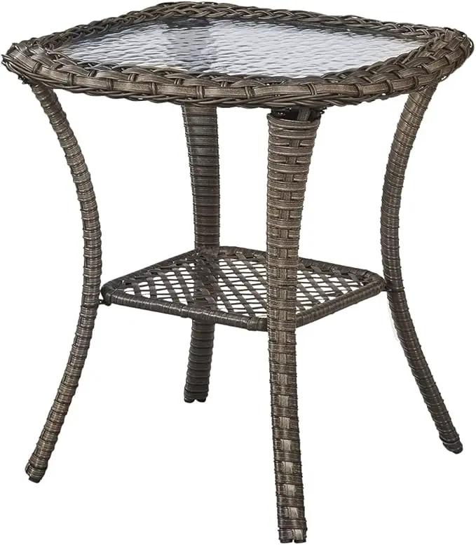Patio Tables Wicker Side Table - Rattan End Table with Glass Top for Outdoor Outside Patio Porch Deck Square Mixed-Grey by GreenHaven Gardens
