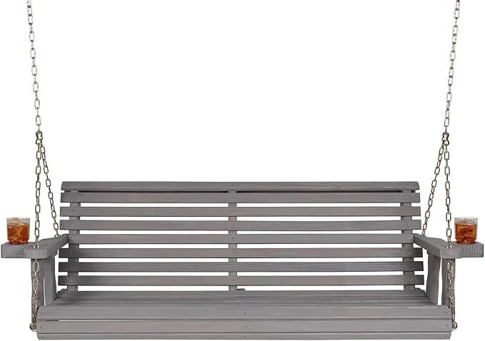Amish Casual 4 Foot Roll Back Porch Swing with Cup Holders in Semi-Solid Grey Stain - Amish Made in The USA from Treated Pine Heavy Duty 700 Lb. Weight Capacity by GreenHaven Gardens
