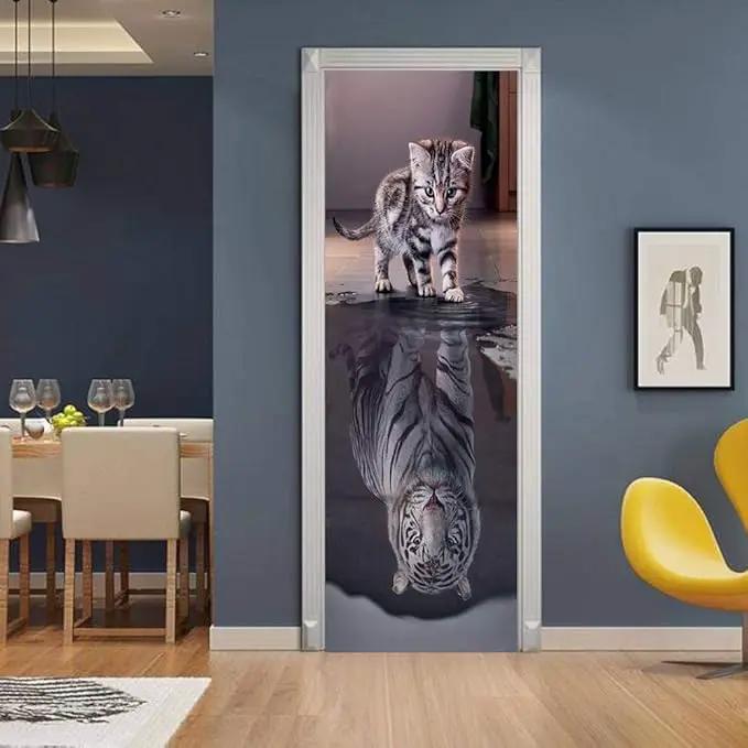 3D Door Stickers Murals Peel and Stick - Cat Becomes Tiger - Door Wallpaper Self-Adhesive Decals Removable PVC Waterproof Poster for Bedroom Living Room 30.3" x 78.7" by GreenHaven Gardens