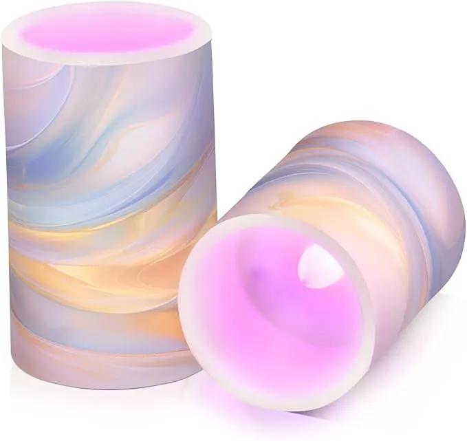 Flickering Flameless Candles, Blue Gold Marble LED Candles with Remote Timer, Set of 2 Battery Operated Candle for Valentine Wedding Birthday by GreenHaven Gardens