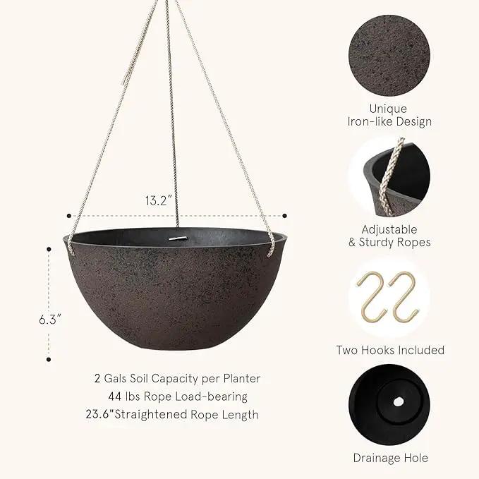 LA JOLIE MUSE Large Hanging Planters - 13 Inch Flower Pots Outdoor Indoor, Hanging Garden Planters Set of 2, New Iron Color by GreenHaven Gardens