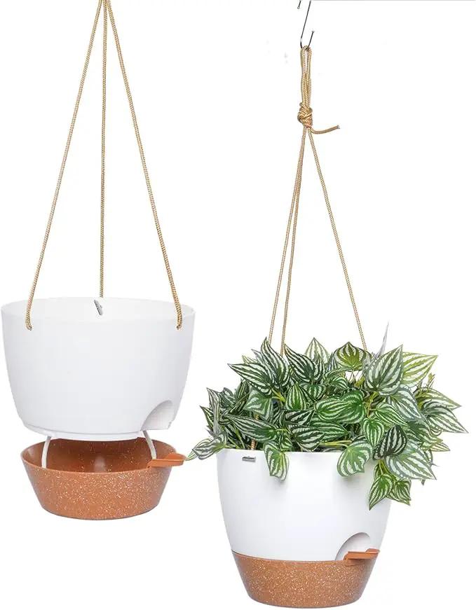 10 Inch Self Watering Hanging Pots, 2 Pack Hanging Planters with 40oZ Deep Reservior for Indoor Outdoor Plants Flowers, White with Brown by GreenHaven Gardens