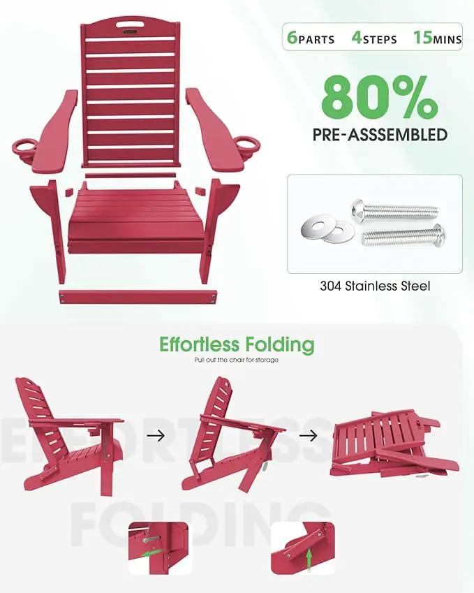Folding Adirondack Chair HDPE All-Weather Adirondack Chairs with Cup Holder, Outdoor Fire Pit Chairs Lawn Chair for Deck Patio Garden (Red) by GreenHaven Gardens