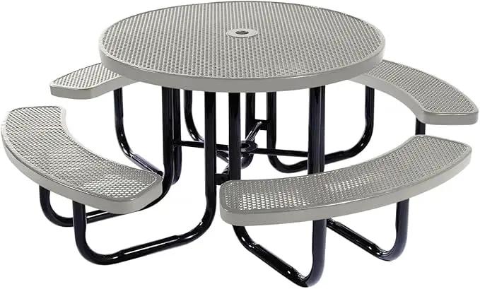 Heavy-Duty Portable Outdoor Picnic Table with Umbrella Hole, Punched Steel Commercial-Grade Patio Dining Furniture Made in America (46" Round Top, Textured Grey) by GreenHaven Gardens