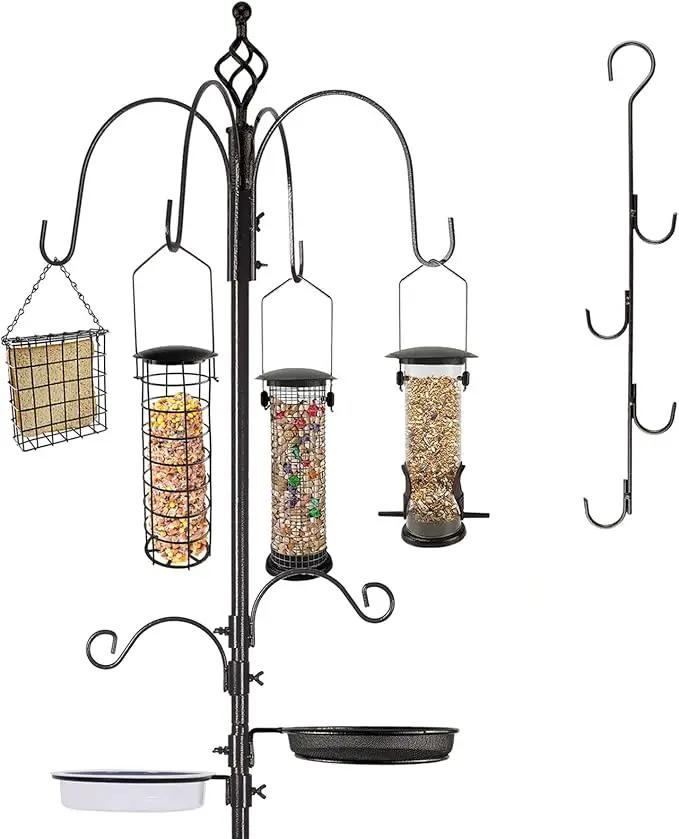 Bird Feeder Station with Suet Cage & Water Bowl Fruit Hook- Adjustable Pole, 6 Hanging Hooks for Wild Birds, Outdoor Garden Bird Feeding Kit by GreenHaven Gardens