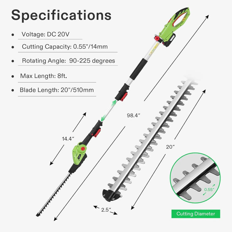 VIVOSUN 20" Cordless Pole Hedge Trimmer, 20V Electric Bush Trimmer with 20” Dual-Action Laser Blade, Adjustable Cutting Head, 0.55" Cutting Capacity, 2.0AH Battery and Fast Charger Included by GreenHaven Gardens