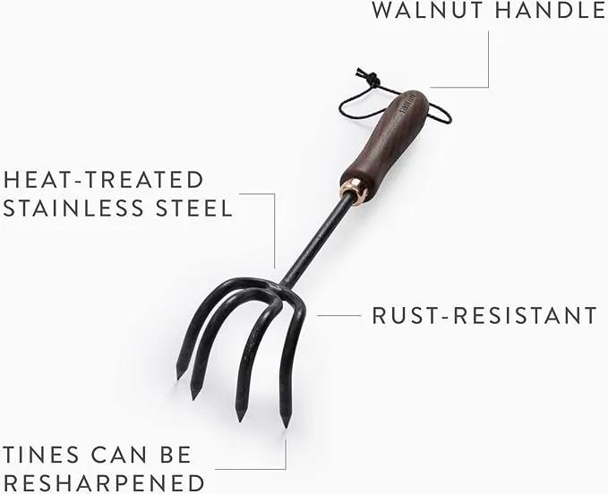Barebones Cultivator - Weed Remover Tool - Garden Rake and Weeding Tool for Yard Work - Stainless Steel Cultivator for Raking Soil (Walnut/Black) by GreenHaven Gardens
