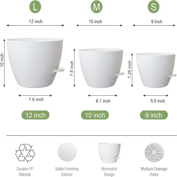 Large Self Watering Pots, 12/10/9 Plastic Planters with High Drainage Holes and Deep Reservoir for Indoor Outdoor Garden Plants and Flowers, White by GreenHaven Gardens