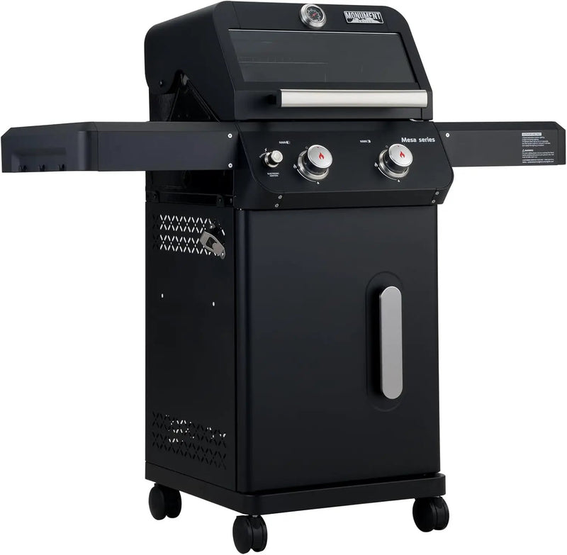 Monument Grills 2-Burner Foldable Stainless Steel Liquid Propane Gas Patio Garden Barbecue Grill with Clearview® Lid, Knob Control Mesa220 with BBQ Cover by GreenHaven Gardens
