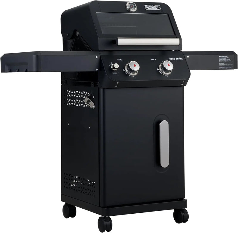 Monument Grills 2-Burner Stainless Steel Liquid Propane Gas Grill, Two Foldable Shelves Patio Garden Barbecue Grill with Clearview® Lid, Knob Control Mesa220, Black by GreenHaven Gardens