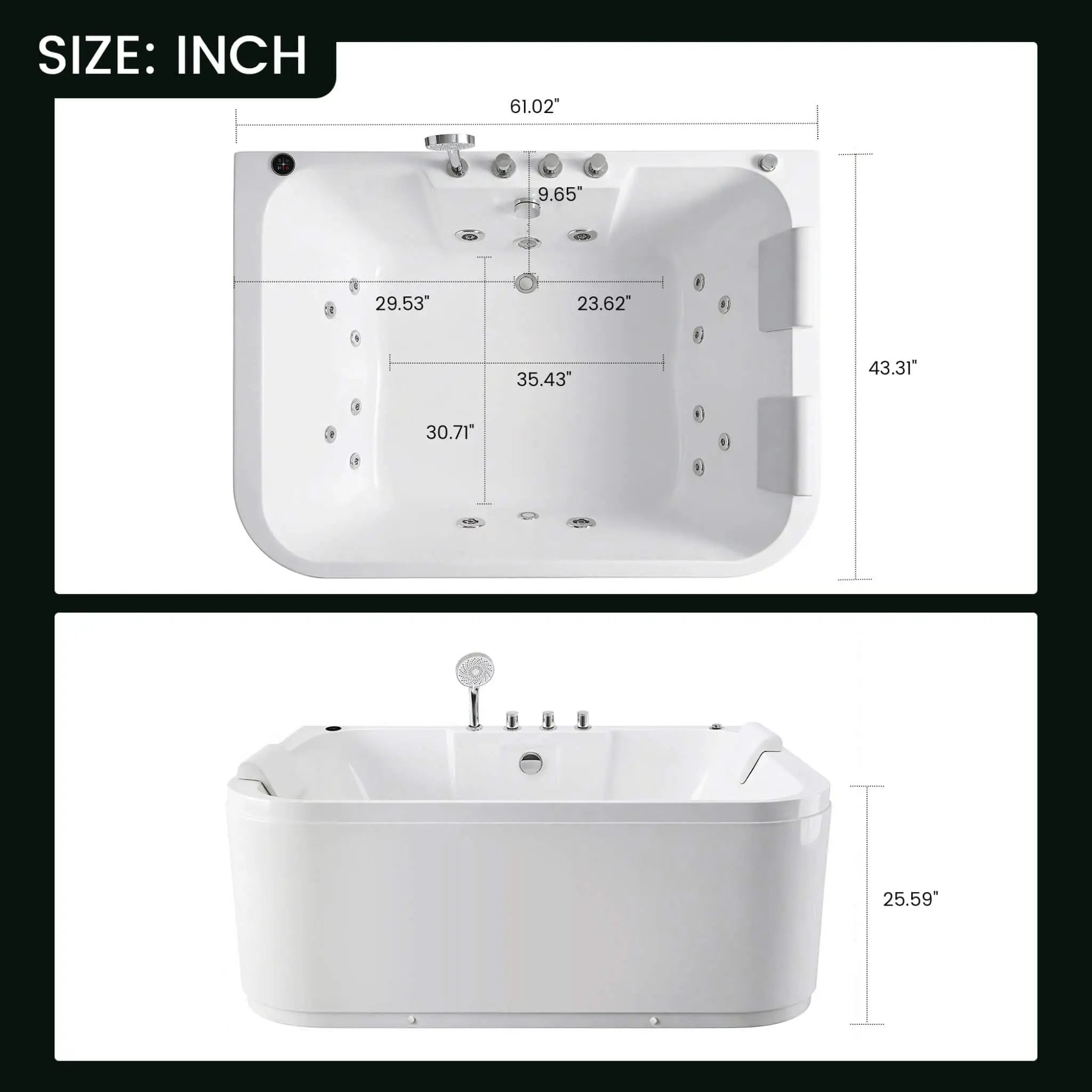Nuvia 61-Inch 2-Person Acrylic Whirlpool Massage Bathtub With 16 Water Jets And LED Lights (SAK15780) by SAKSBY WHOLESALE