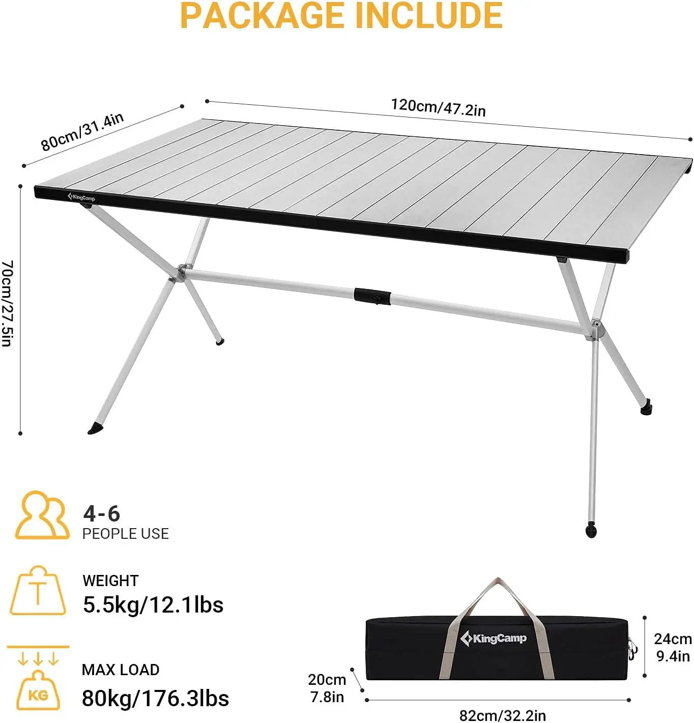 KingCamp Camping Table Roll up Aluminum Folding Table Lightweight Large Portable Foldable Camp Table for Picnic Camping Barbecue Backyard Beach Tailgate Indoor Outdoor, 4-6 Person, Support 176lbs by GreenHaven Gardens