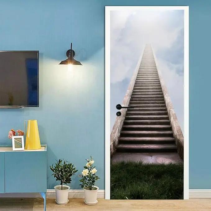 3D Stair Door Stickers - Peel & Stick - Waterproof & Washable - Matt Finish - Modern Style - White - 37.4" x 82.7" by GreenHaven Gardens