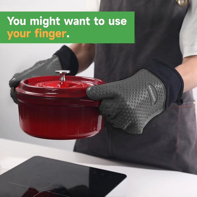 GEEKHOM BBQ Gloves Heat Resistant Oven Mitts - Silicone Grilling Gloves with 14" Long Arm Protection - Waterproof Pot Holder Non-Slip for Men & Women, Kitchen Cooking, Baking, Camping, Gray by GreenHaven Gardens