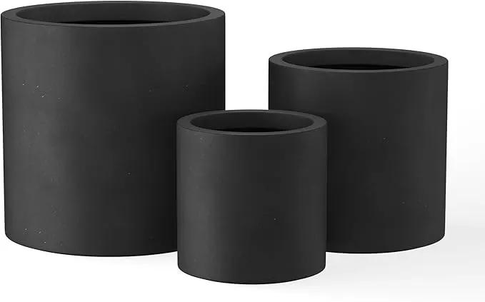Kante 9.8",12.6",15.7" Dia Round Concrete Planter Set of 3, Modern Style Large Cylindrical Plant Pot with Drainage Hole and Rubber Plug for Indoor Outdoor Patio, Black by GreenHaven Gardens