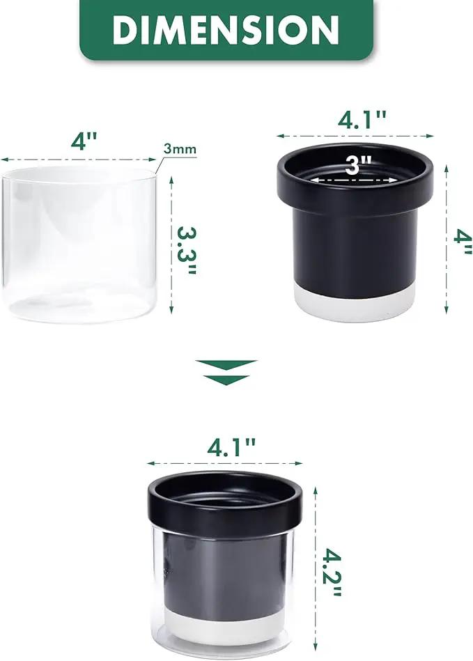 Phoenix Vine 4 Inch Self Watering Planter Pot, Black Terracotta Clay Pot with Glass Reservoir for Indoor Plants, Herbs, Flowers, Set of 3, 52-C-E-3 by GreenHaven Gardens