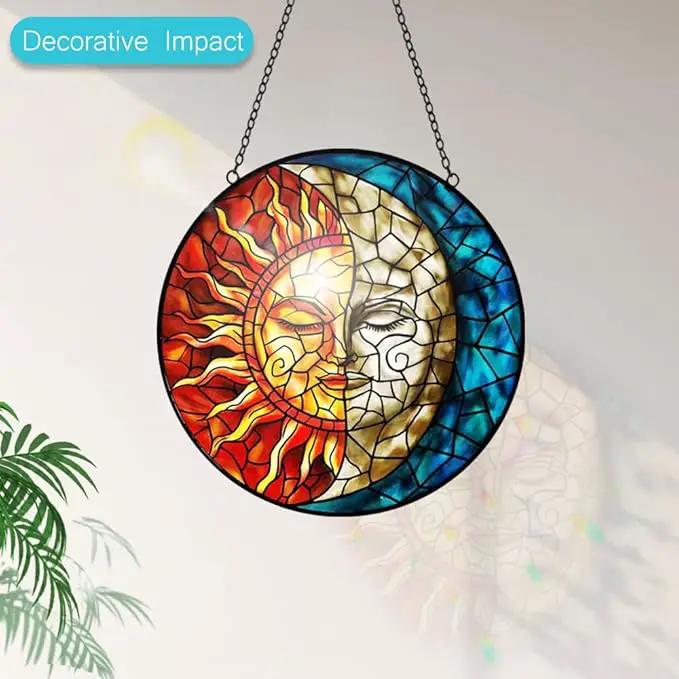 Sun and Moon Stained Glass Suncatchers for Windows Hanging - Celestial Decor Sun Catchers Valentines Day Gifts for Him Her - Handmade Wall Art Home Garden Stain Glass Window Suncatcher with Hooks by GreenHaven Gardens