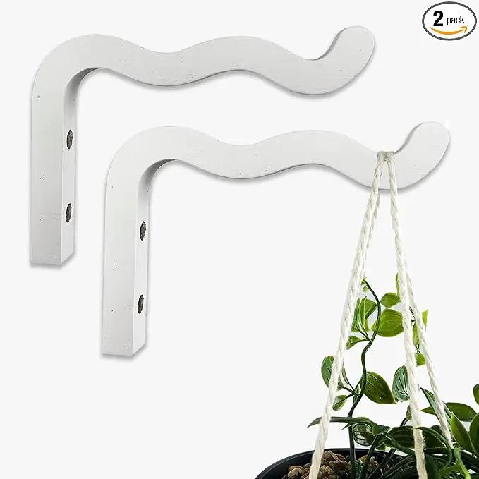 2-Piece Set of Wavy Wooden Wall Planters for Indoor Plants 6 Inch - Natural Plant Hook for Wall Plant, Wind Chimes, Flower Brackets, Patio Garden Decorations - Bracket Plant Hanger (White) by GreenHaven Gardens