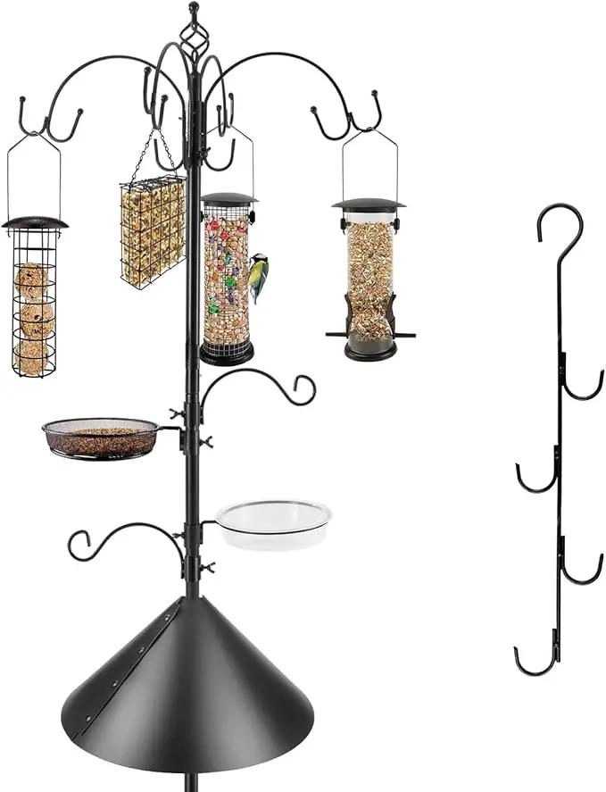 Bird Feeding Station Kit with Squirrel Baffle Bird Feeder Pole with Suet Cage Mesh Tray Fruit Hook Double W Hook for Attracting Wild Birds and Hanging Planter Hanger Lights by GreenHaven Gardens