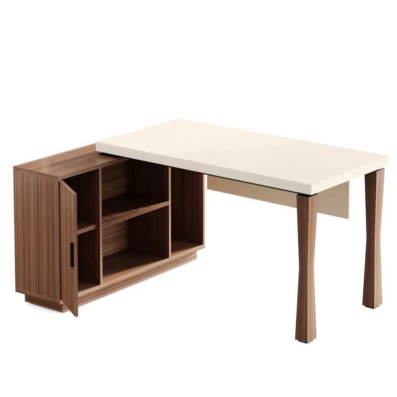 L-Shaped Executive Desk With Storage Cabinet, Home Office Workstation With Shelves - White / Walnut by HouseOfZazla