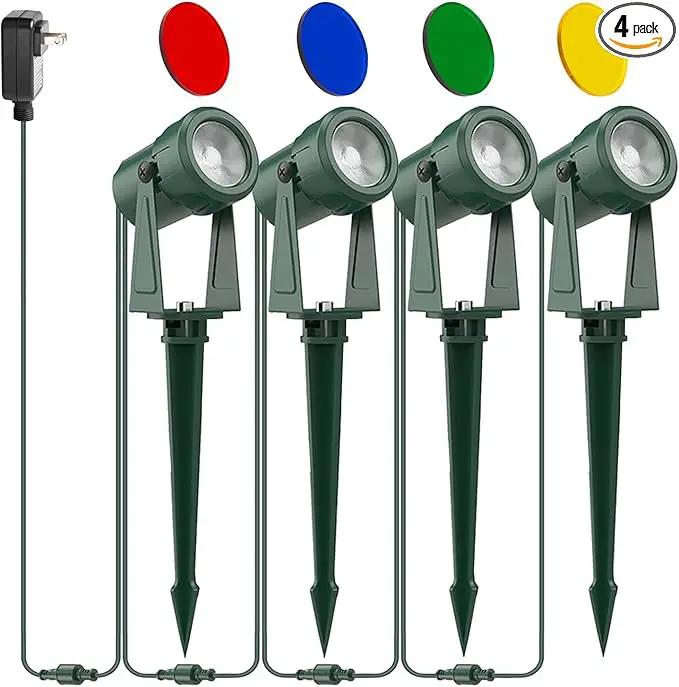 ZYAN 4 Pack Outdoor Landscape Lighting with 4 Colorful Lens and Power Supply, Green Shell by GreenHaven Gardens