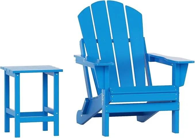 WO Home Furniture Adirondack Chair Table Set of 2 PCS Outdoor Folding Chair w Side Table Weather/UV Resistant for Lawn, Garden, Bon Fire, Balcony (Pacific Blue) by GreenHaven Gardens