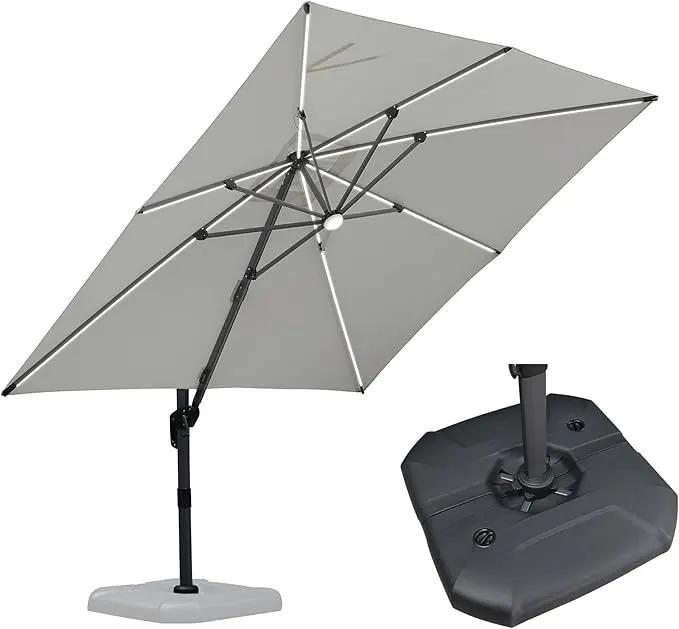 PURPLE LEAF 10 Feet Patio Umbrella with Base Outdoor Cantilever Solar Powered LED Square Umbrella Aluminum Offset Umbrella with 360-degree Rotation for Garden Deck Pool Patio White by GreenHaven Gardens