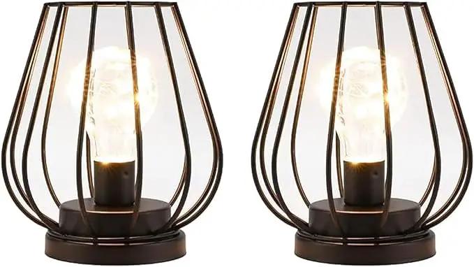 TRIROCKS Set of 2 Metal Battery Operated Lamp 7'' Tall Mini Cage Shape Cordless Table Lamp Battery Lanterns with Warm Fairy Lights Bulb for Patio Garden Wedding Parties Indoor Outdoor(Black) by GreenHaven Gardens