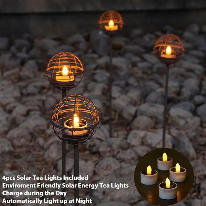 Solar Pathway Lights Outdoor, Rust Iron Ball Candle Holder Stake with Flickering Solar Powered Tea Lights, Perfect Decorative Garden Lighting for Yard Lawn Patio Landscape Decor Outside-4Pack by GreenHaven Gardens