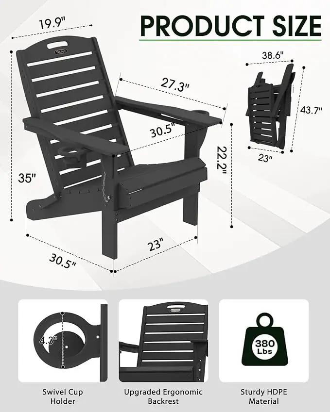 Folding Adirondack Chair HDPE All-Weather Adirondack Chairs with Cup Holder, Outdoor Fire Pit Chairs Lawn Chair for Deck Patio Garden (Black) by GreenHaven Gardens