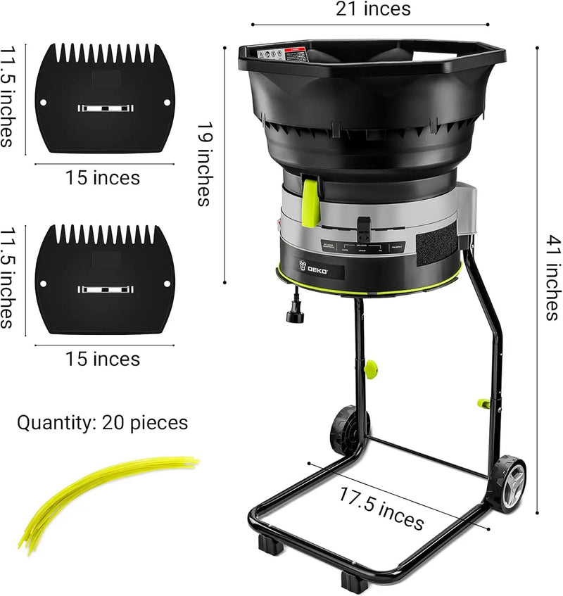 Electric Leaf Mulcher/Shredder: DEKOPRO 13-Amp 8200RPM Motor for 17:1 Reduction Ratio, Adjustable Control Dia with Leaf Scoops Spade and 20 Cutting Lines by GreenHaven Gardens