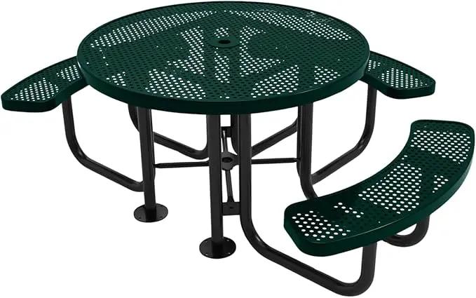 Heavy-Duty Portable Outdoor Picnic Table with Umbrella Hole, Punched Steel Patio Dining Furniture Made in America (46" Round Top, Textured Dark Green) by GreenHaven Gardens