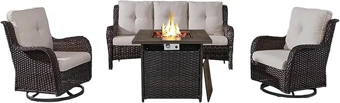 Outdoor Patio Furniture Set with 50000BTU Propane Fire Pit Table, 4 Pieces Wicker Patio Conversation Set with 2 Swivel Rocker Glider Chairs Rattan Sofa Beige Cushion Perfect for Gathering by GreenHaven Gardens