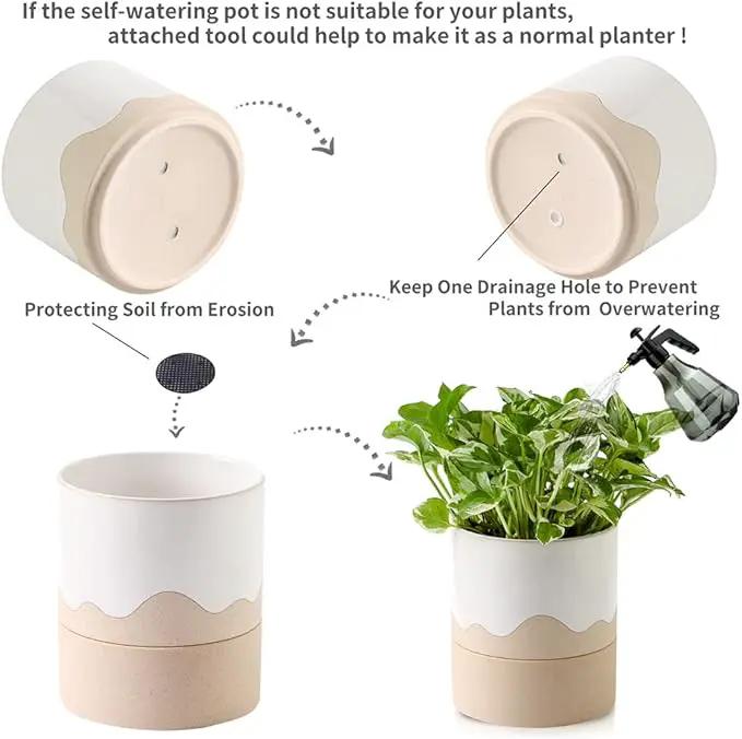 Nihow Self Watering Plant Pot: 6 Inch Ceramic Planter with Drainage Hole & Water Storage Plus for Indoor & Outdoor Plants - Cylinder Round Flower Pot for Succulent/Herbs/Violets - White & Nature by GreenHaven Gardens